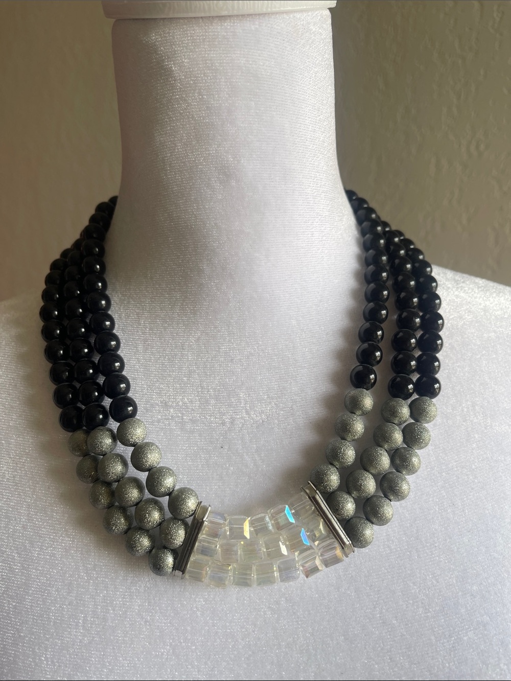 Source Unknown Black, Silver and Clear Multi-Strand Beaded Necklace